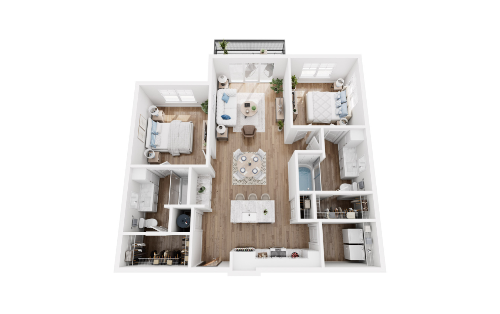 Emerald - 2 bedroom floorplan layout with 2 baths and 1133 square feet.