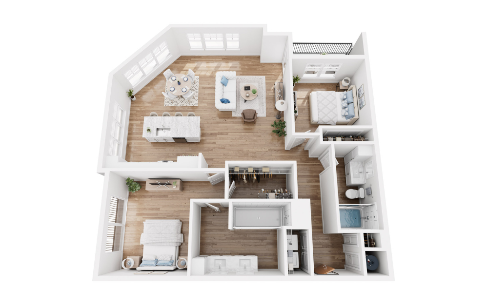 Jade - 2 bedroom floorplan layout with 2 baths and 1338 square feet.